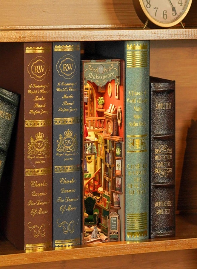 Tonecheer مجموعة Tonecheer DIY Book Nook Kit للكبار، فاصل كتب خشبي ثلاثي الأبعاد، رف كتب، ديكور نموذج مكتبة، بيت دمى مصغر Booknook مع ضوء LED بمستشعر، هدية مثالية (مكتبة الضفة اليسرى) - Image 3